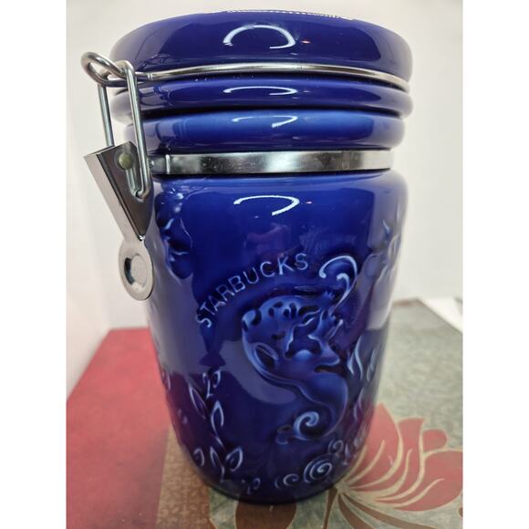 STARBUCKS Cobalt Blue Ceramic COFFEE CANISTER Jar Siren MERMAID 8.5" H - Picture 1 of 8